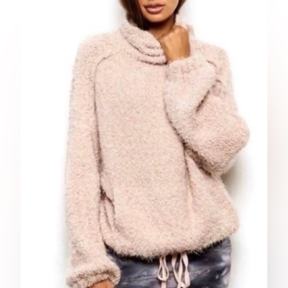 Young Fabulous and Broke Fuzzy pink sweater kangaroo pouch tie waist sz m/l